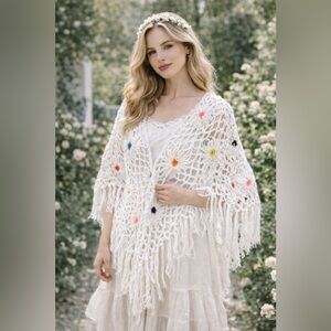 Vintage Crochet Floral Shawl Poncho Fringe Boho Cottagecore Festival Granny Chic